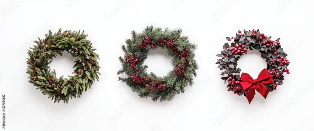 Three Christmas wreaths collection isolated on a white background. Christmas wreaths with red and gold decorations Three Christmas wreaths collection isolated on a white background. Christmas wreaths with red and gold decorations