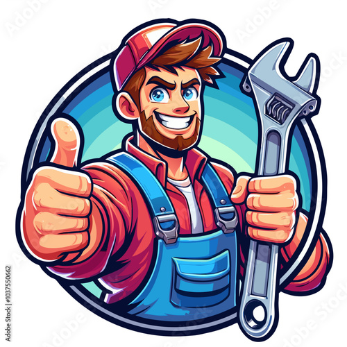 Cartoon mechanic with wrench giving thumbs up in blue overalls.