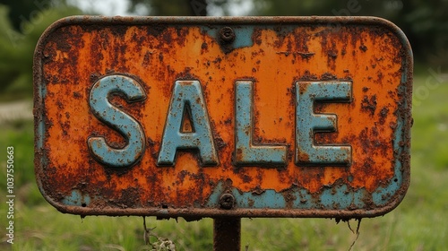 An old, weathered sale sign with rust and dirt marks, standing in a grassy area, indicating a long-standing and possibly neglected sale or available item
