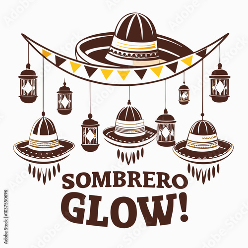 Hanging sombreros with lanterns for festive Mexican celebration.