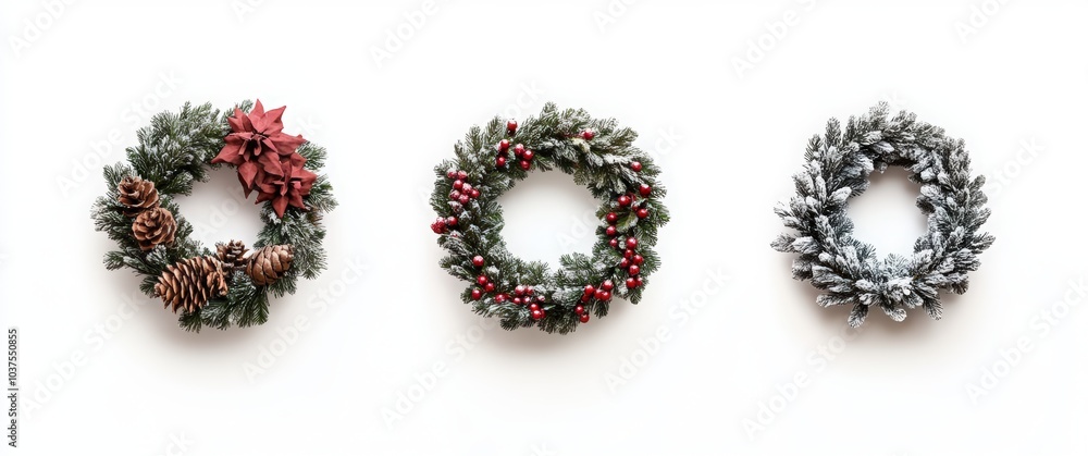 Three Christmas wreaths collection isolated on a white background. Christmas wreaths with red and gold decorations Three Christmas wreaths collection isolated on a white background. Christmas wreaths with red and gold decorations