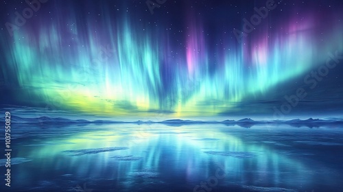 Aurora Borealis Symphony: A breathtaking panorama of the Northern Lights dancing over a tranquil icy landscape, their vibrant hues reflected in the mirror-like waters. Witness the celestial spectacle.