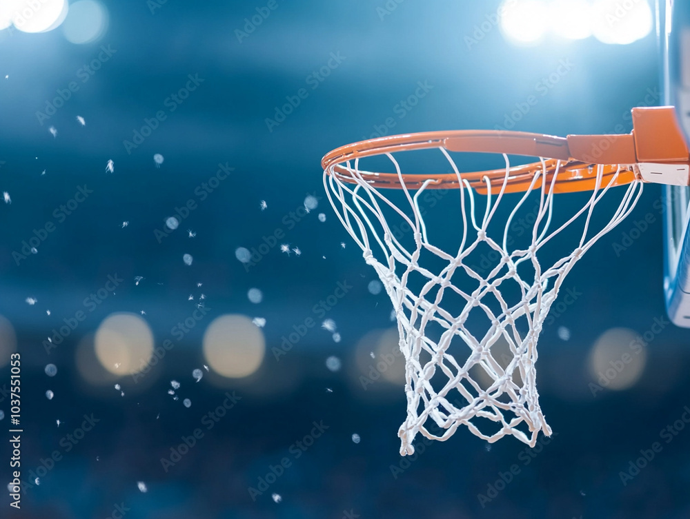 Basketball scoring a basket as it goes through the hoop and making a swish in the net
Basketball scoring a basket as it goes through the hoop and making a swish in the net