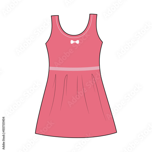 Girls dress with bow flat drawing. Pink dress vector illustration. Children, kids clothes.