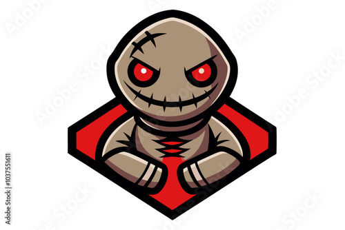 Creepy cartoon character, stitched smile, glowing red eyes, burlap texture, tan color, red background, hexagon shape, Halloween mascot, spooky illustration, vector art style, sinister grin, horror-the photo