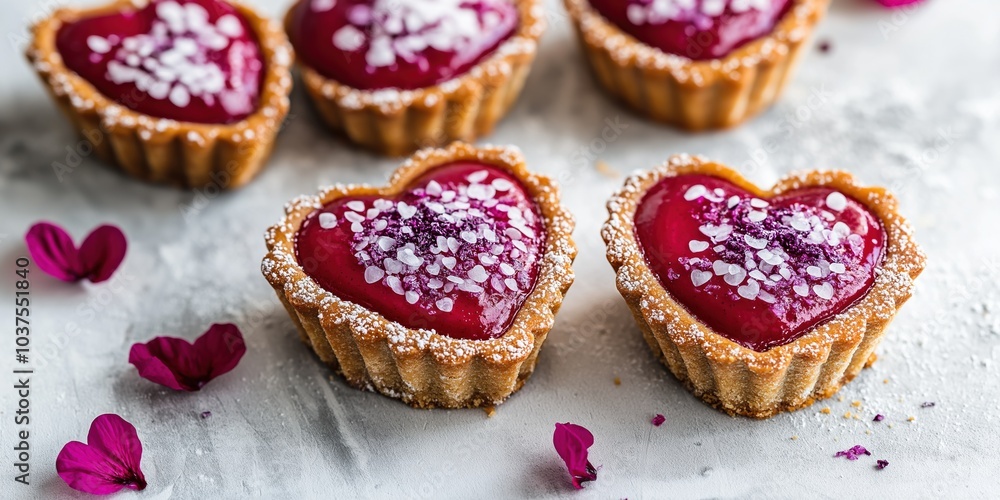 A row of heart-shaped pastries with powdered sugar on top. The pastries are arranged in a row on a white surface, with a few pink flowers scattered around them. Concept of romance and indulgence A row of heart-shaped pastries with powdered sugar on top. The pastries are arranged in a row on a white surface, with a few pink flowers scattered around them. Concept of romance and indulgence