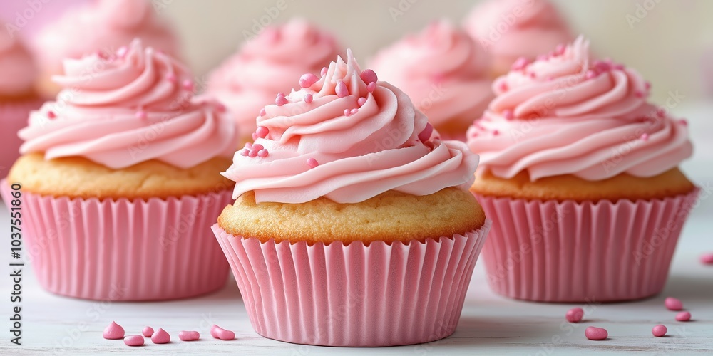 Pink cupcakes with pink frosting and pink sprinkles. The cupcakes are arranged in a row on a table Pink cupcakes with pink frosting and pink sprinkles. The cupcakes are arranged in a row on a table