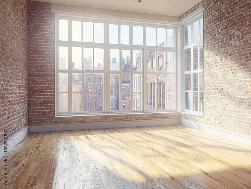 Fototapeta premium A room with a brick wall and a large window