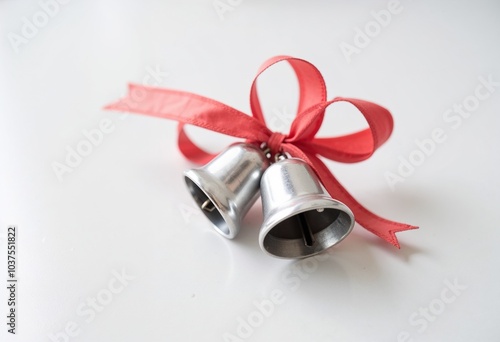 Wallpaper Mural Festive Silver Bells with Red Ribbon on White Background with Copy Space Torontodigital.ca