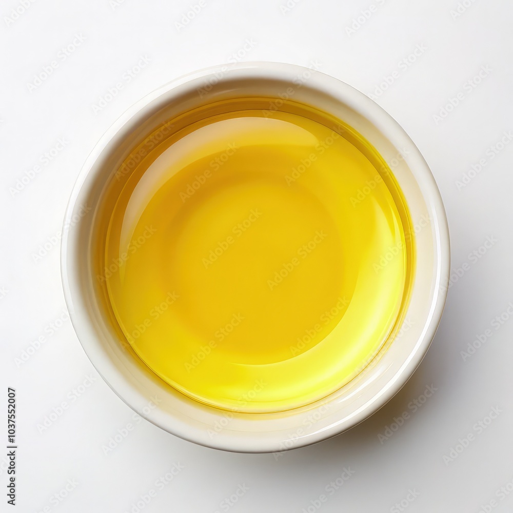 Top view of vegetable oil in a white bowl against a plain background. Generative AI Top view of vegetable oil in a white bowl against a plain background. Generative AI