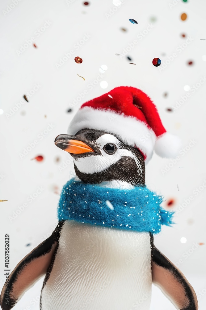 Naklejka premium A penguin wearing a red hat and blue scarf stands in front of a white background. The penguin appears to be celebrating Christmas, as it is wearing a Santa hat. The scene is lively and festive