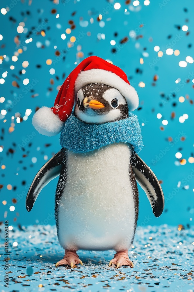 Fototapeta premium A penguin wearing a red hat and a blue scarf stands on a blue background. The penguin is the main focus of the image, and the hat and scarf add a festive touch to the scene