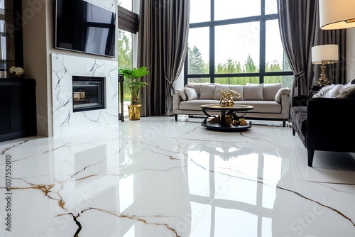 salon moderne avec sol en marbre blanc
