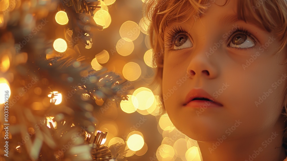 A curious child gazes in wonder at illuminated Christmas tree lights, creating a mood of magical anticipation and the warmth of holiday season A curious child gazes in wonder at illuminated Christmas tree lights, creating a mood of magical anticipation and the warmth of holiday season