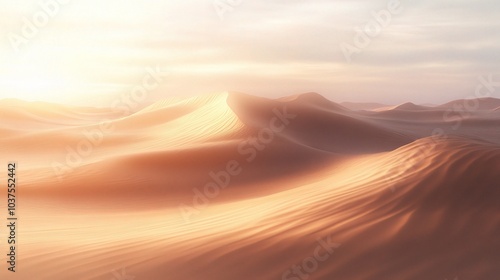 Golden Sands at Dawn:  A serene desert landscape bathed in the warm glow of dawn, with rolling sand dunes stretching towards the horizon. The sun's rays cast long shadows.