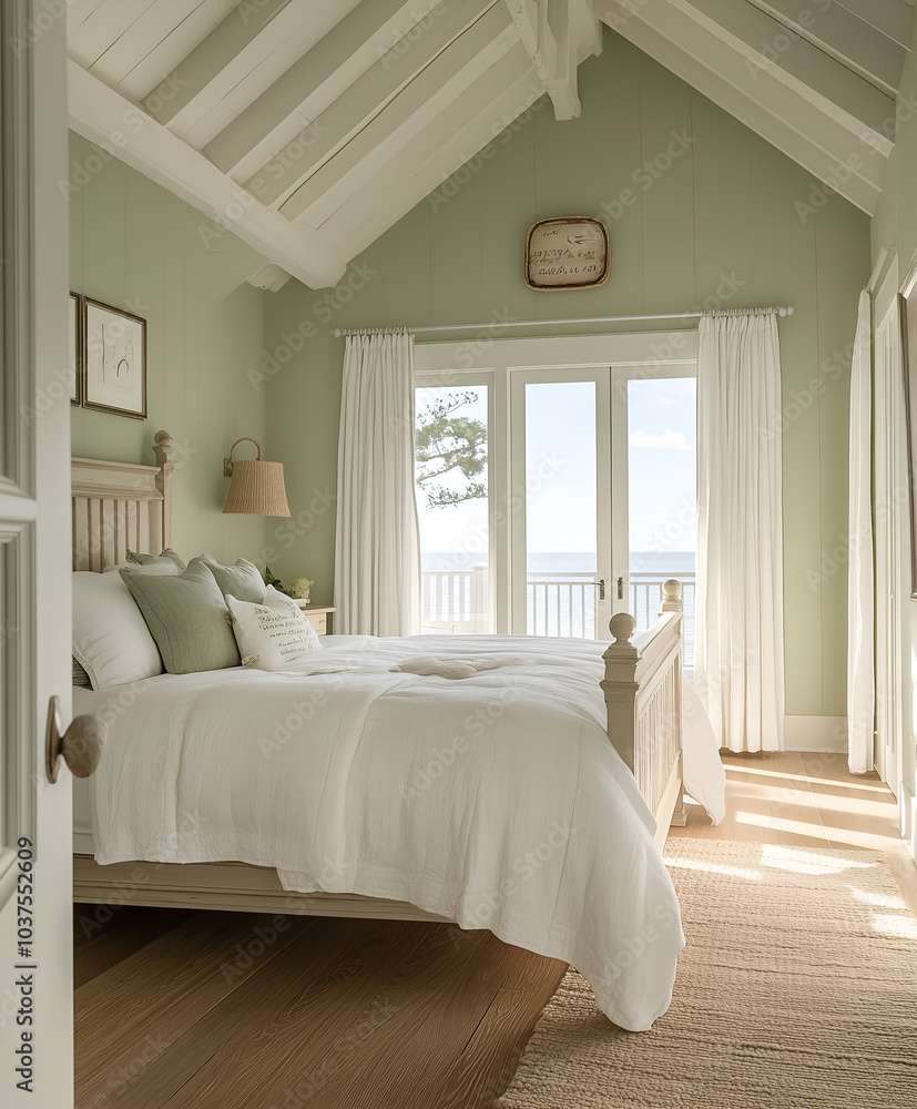 Bedroom Interior with Sage Green Walls and White Linen Bedding, Modern and Minimalist Home Decor Bedroom Interior with Sage Green Walls and White Linen Bedding, Modern and Minimalist Home Decor