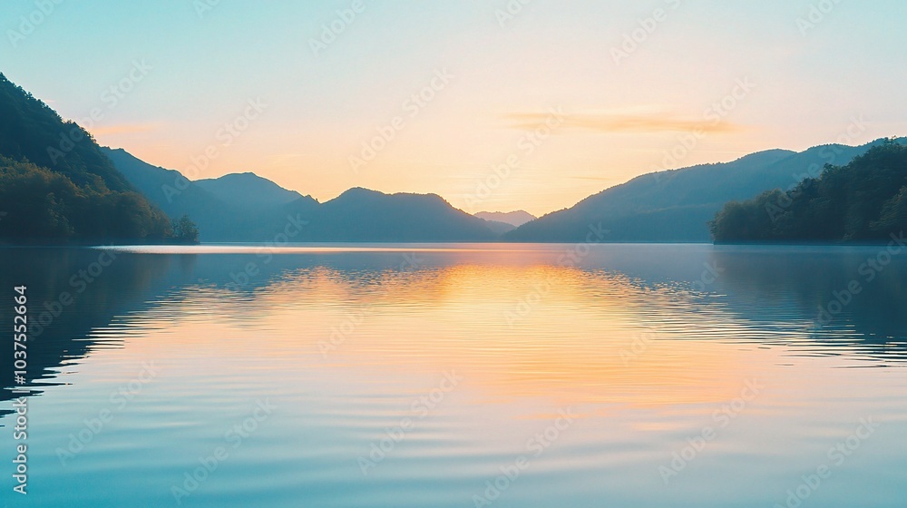 Serene Sunset Over Still Water: A breathtaking panorama of a tranquil lake, reflecting the warm hues of a setting sun, with majestic mountains silhouetted against a sky awash in pastel shades. Serene Sunset Over Still Water: A breathtaking panorama of a tranquil lake, reflecting the warm hues of a setting sun, with majestic mountains silhouetted against a sky awash in pastel shades.
