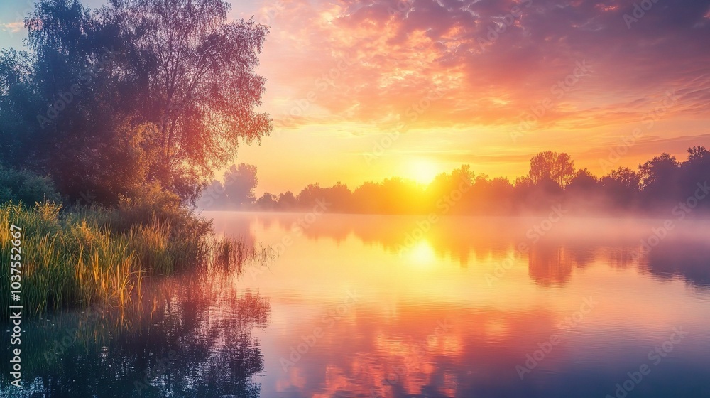 Obraz premium Sunrise Serenity: Misty River at Dawn 