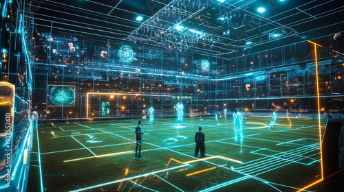 Fototapeta Naklejka Na Ścianę i Meble -  Futuristic sports field with neon lights and digital elements.