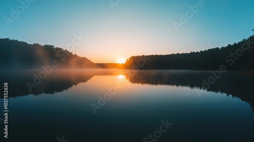 Wallpaper Mural Serene Sunrise Reflections: A tranquil lake mirrors the golden hues of a sunrise,  the mist-shrouded trees framing the scene.  The peaceful atmosphere evokes a sense of calm and tranquility. Torontodigital.ca