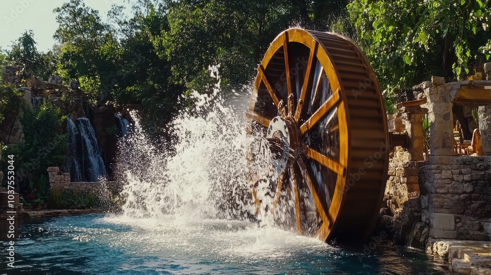 Water wheel turning in river at sunrise, wooden structure close-up Water wheel turning in river at sunrise, wooden structure close-up