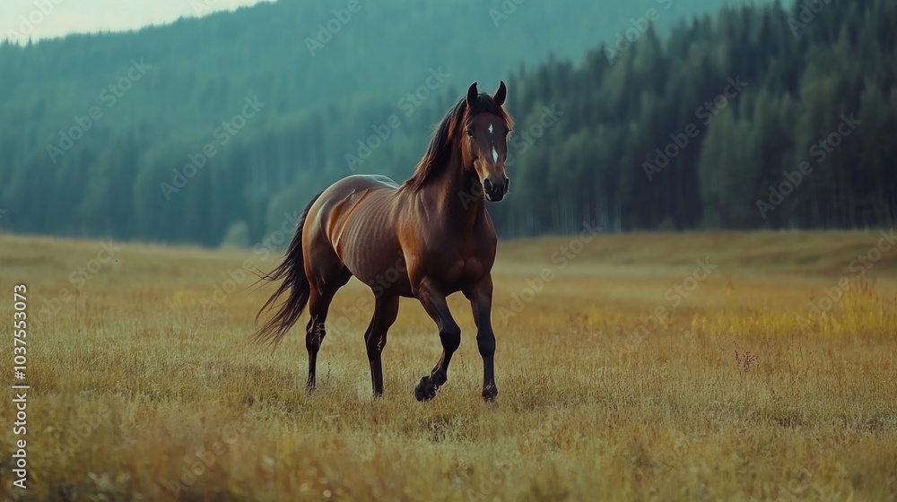 A serene view of a horse trotting gracefully across a meadow A serene view of a horse trotting gracefully across a meadow