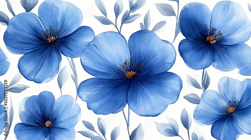 A vibrant pattern of blue flowers with leaves, suitable for fabric or wallpaper design. A vibrant pattern of blue flowers with leaves, suitable for fabric or wallpaper design.