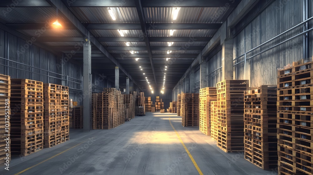 Industrial Warehouse Interior with Pallets.