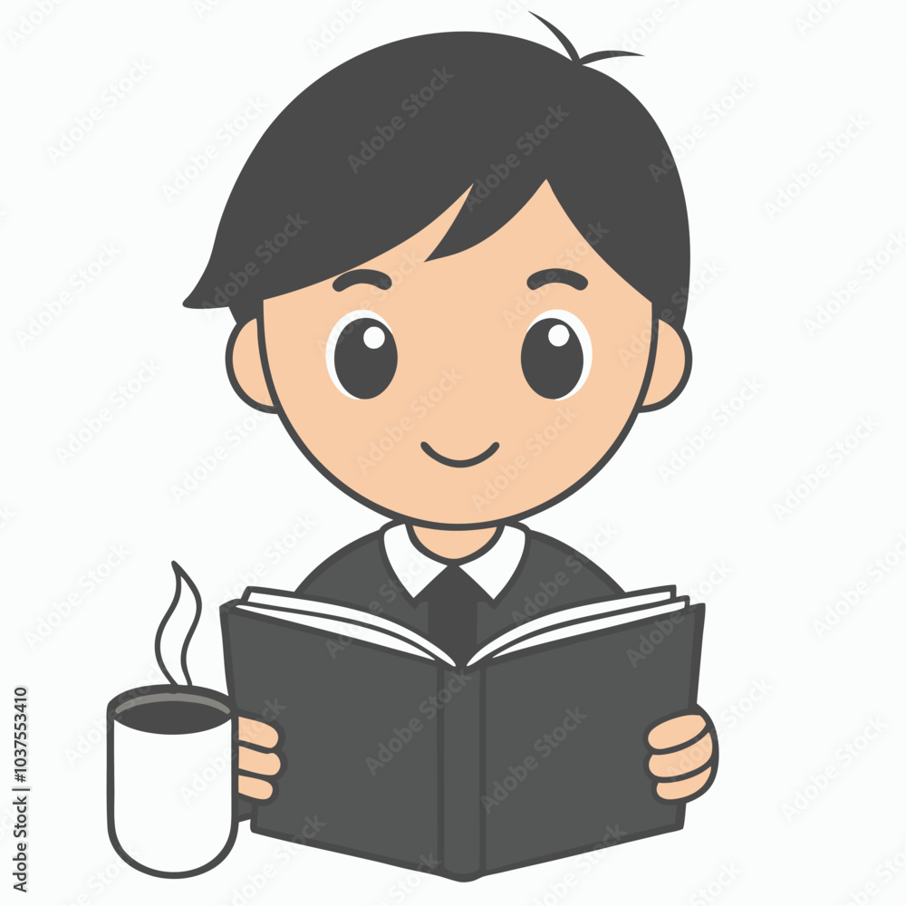 Boy Reading Book Outline Vector Illustration | Minimalist Line Art on White Background Boy Reading Book Outline Vector Illustration | Minimalist Line Art on White Background