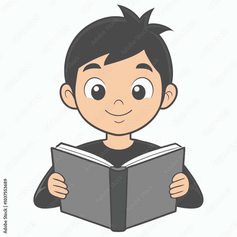Boy Reading Book Outline Vector Illustration | Minimalist Line Art on White Background Boy Reading Book Outline Vector Illustration | Minimalist Line Art on White Background