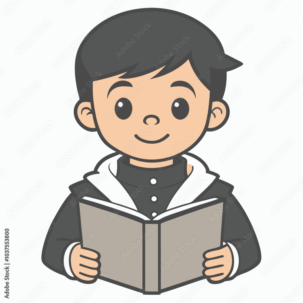 Boy Reading Book Outline Vector Illustration | Minimalist Line Art on White Background Boy Reading Book Outline Vector Illustration | Minimalist Line Art on White Background