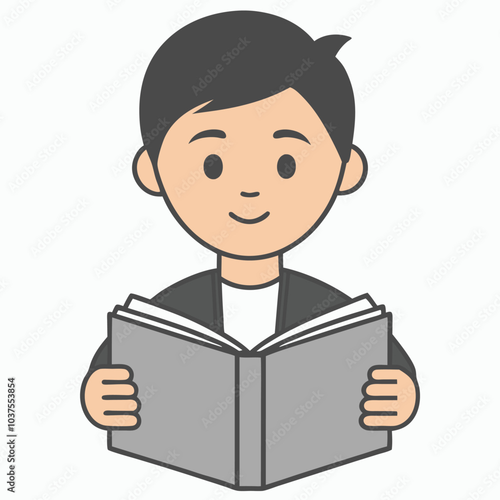 Boy Reading Book Outline Vector Illustration | Minimalist Line Art on White Background Boy Reading Book Outline Vector Illustration | Minimalist Line Art on White Background