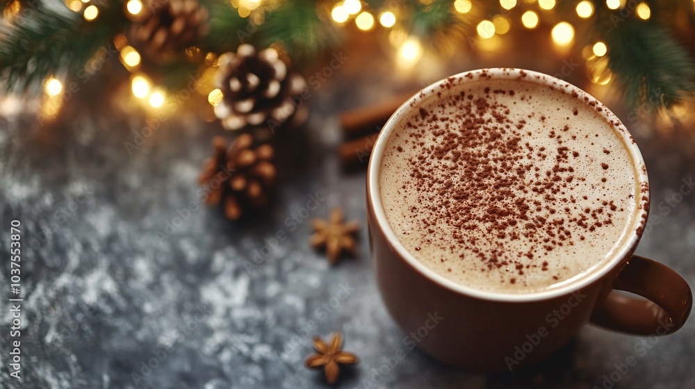 A Mug of Coffee with Cinnamon and Star Anise, Christmas Lights, and Pine Cones in the Background A Mug of Coffee with Cinnamon and Star Anise, Christmas Lights, and Pine Cones in the Background