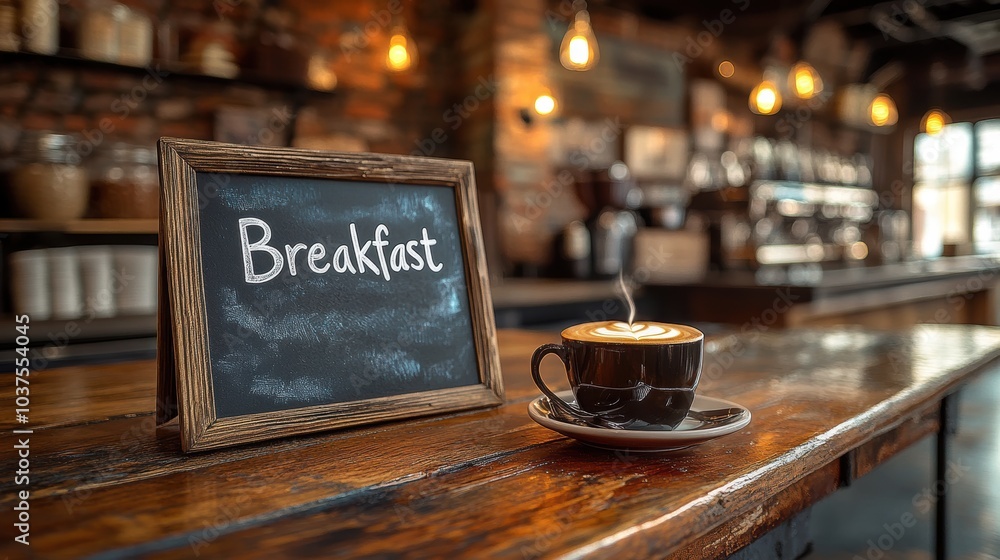 A cozy coffee shop with a warm, rustic interior featuring a steaming cup of cappuccino on a wooden counter next to a chalkboard displaying the word Breakfast A cozy coffee shop with a warm, rustic interior featuring a steaming cup of cappuccino on a wooden counter next to a chalkboard displaying the word Breakfast