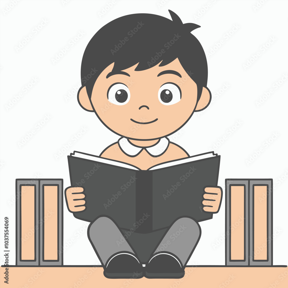 Boy Reading Book Outline Vector Illustration | Minimalist Line Art on White Background Boy Reading Book Outline Vector Illustration | Minimalist Line Art on White Background
