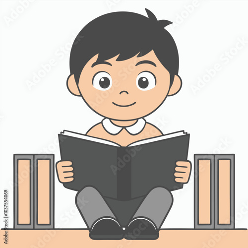 Boy Reading Book Outline Vector Illustration | Minimalist Line Art on White Background