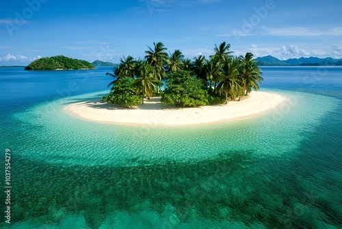 Fond d'écran d'île paradisiaque entourée d'eau cristalline et de sable blanc
 photo