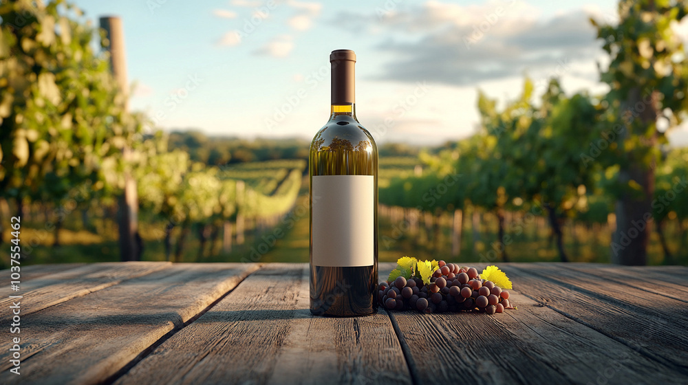 Fototapeta premium Wine bottle with grapevine branch on the wood table on vineyard background, clean design of the bottle, highly detailed, ultra - realistic, white background,