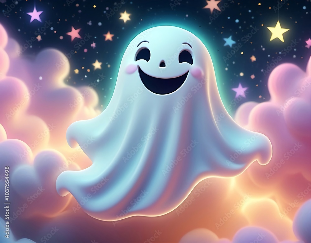Cute Halloween ghost on a cloud in the dark sky, surrounded with the stars. Cute Halloween ghost on a cloud in the dark sky, surrounded with the stars.