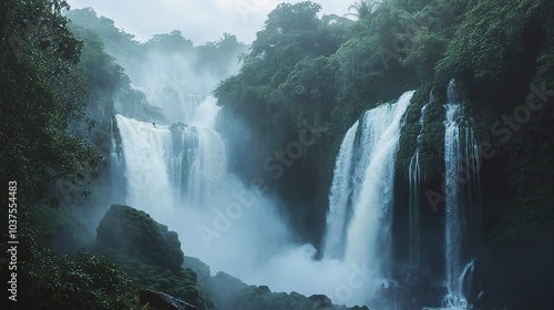Waterfalls Cascading Through Misty Jungle: A breathtaking view of cascading waterfalls, shrouded in mist and surrounded by lush greenery, creating an ethereal and awe-inspiring scene.  