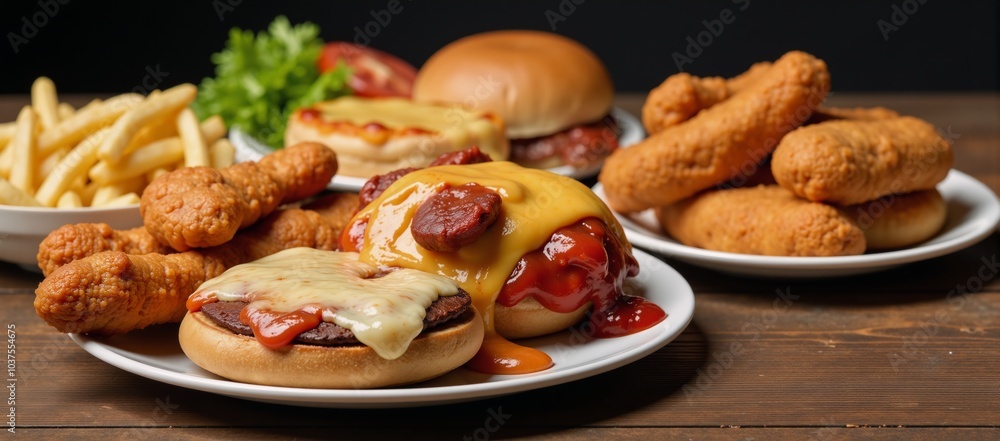 Fast food top view unhealthy meals with sauces on wooden table Fast food top view unhealthy meals with sauces on wooden table