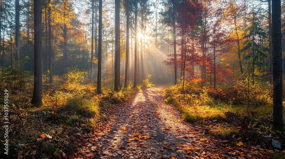 Fototapeta premium Autumn Forest Path: A picturesque forest path, bathed in the golden light of the setting sun, invites exploration. Sunlight streams through the trees.