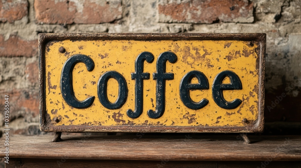 Fototapeta premium A rustic yellow vintage sign with the word Coffee in bold black letters against a weathered brick background, evoking a cozy, nostalgic ambiance