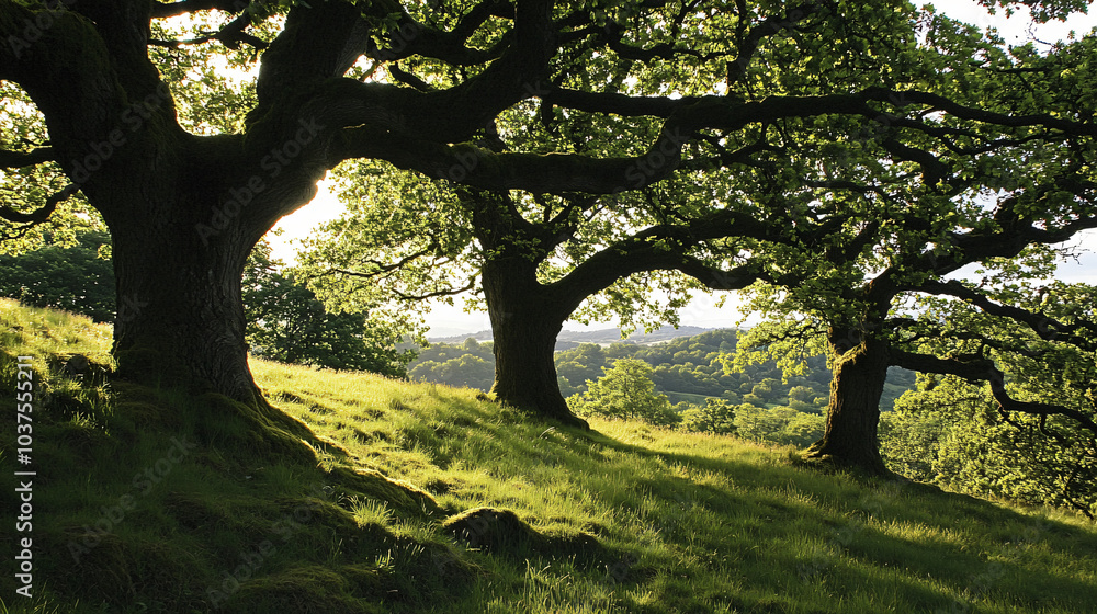 Fototapeta premium A hill with ancient oak trees, providing shade and shelter for wildlife.
