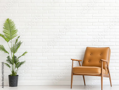 
white brick wall studio with leather chair, speaker and potted plant