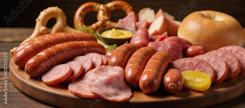 Oktoberfest-themed assortment of various sausages on a charcuterie board photo