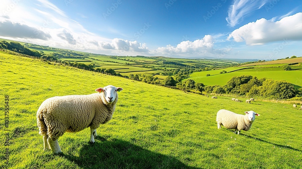 Idyllic Pasture: Sheep Grazing in Rolling Green Hills Idyllic Pasture: Sheep Grazing in Rolling Green Hills