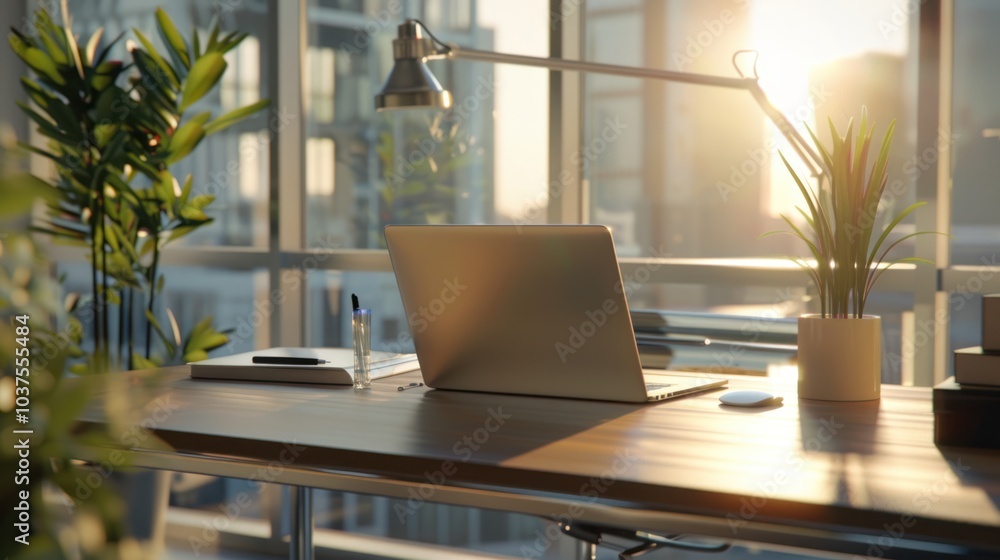 Fototapeta premium Modern Office Desk with Laptop and Plants