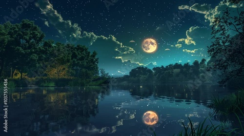 Magical fantasy landscape showcasing a serene lake reflecting the glow of a full moon amidst enchanting surroundings
Seamless looping 4k time-lapse virtual video animation Generated AI
