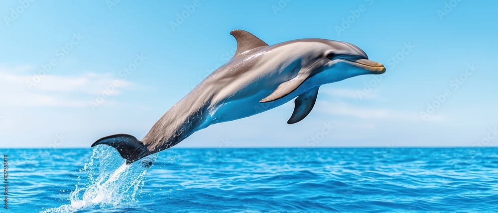Obraz premium A dolphin jumping gracefully out of the ocean under a clear blue sky.